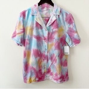 BP Pink/Blue Tie Dye Short Sleeve Button Down Collared Top Size Small NEW